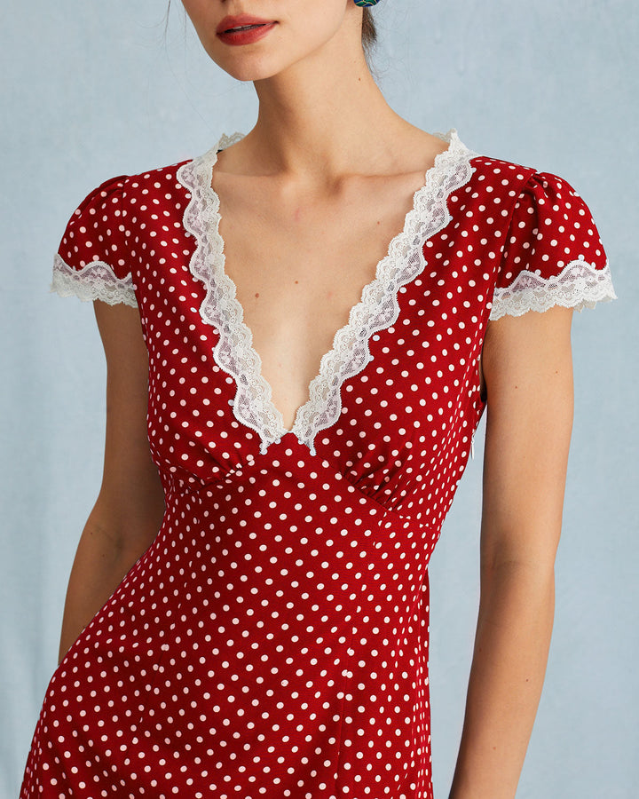 Yüksek Bel Kırmızı V Yaka Dantel Maxi Elbise