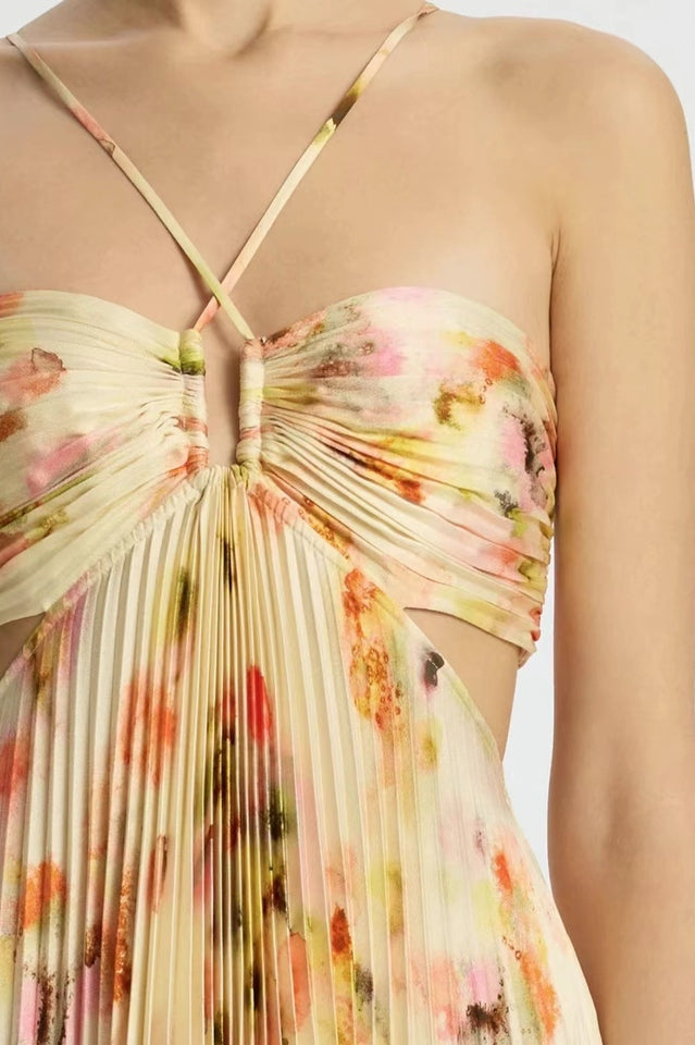 Çiçekli Halter Yüksek Bel Maxi Elbise