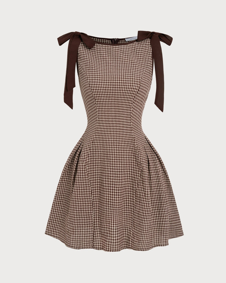 Yüksek Bel Kahverengi Gingham Mini Elbise