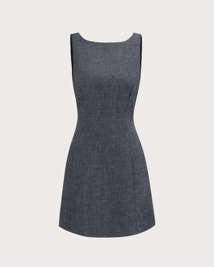 Modern Gri Bot Yaka Kolsuz Mini Elbise