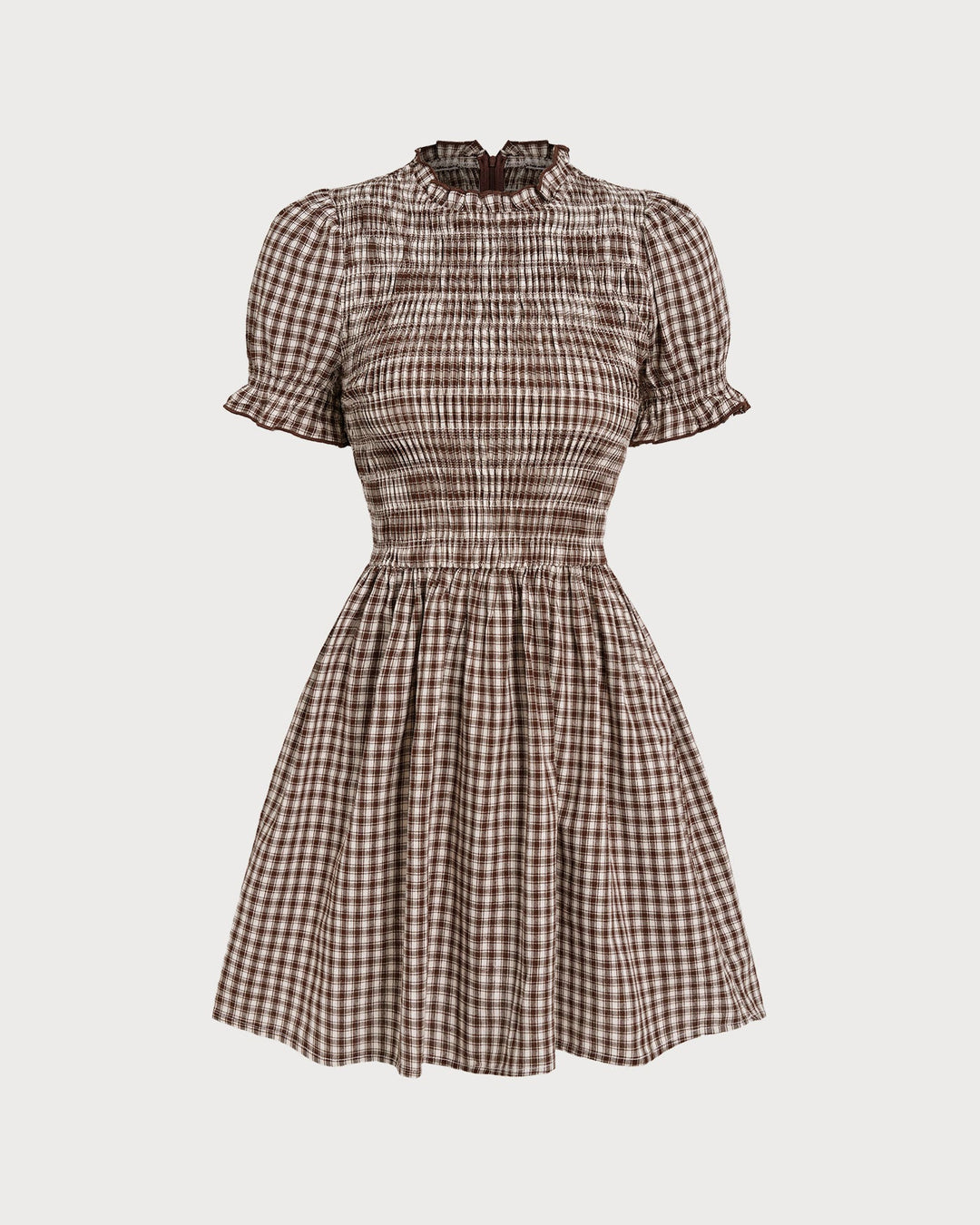 Yüksek Bel Kahverengi Gingham Puff Sleeve Mini Elbise