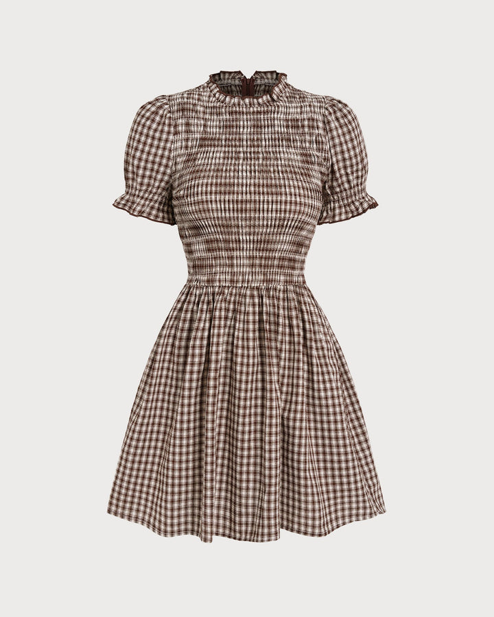 Yüksek Bel Kahverengi Gingham Puff Sleeve Mini Elbise