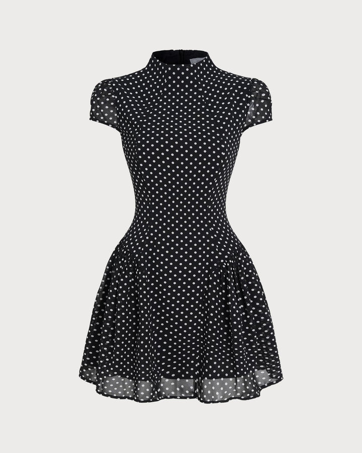 Şık Siyah Puantiye Chiffon Mini Elbise
