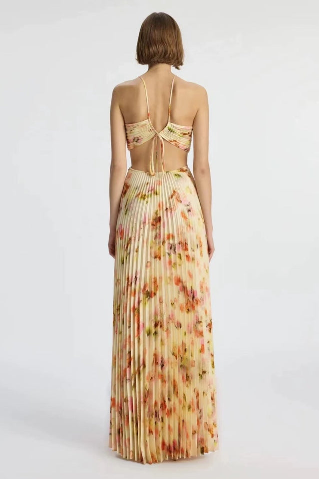 Çiçekli Halter Yüksek Bel Maxi Elbise