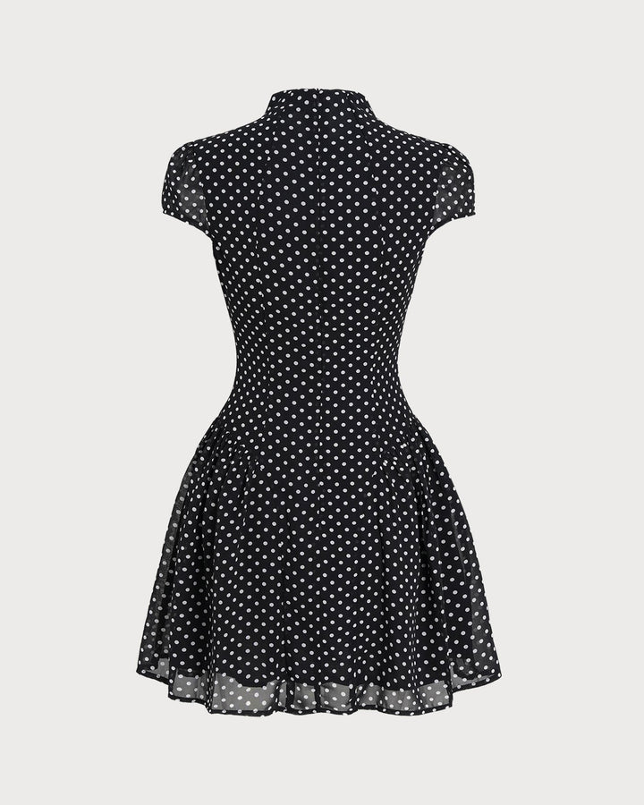 Şık Siyah Puantiye Chiffon Mini Elbise