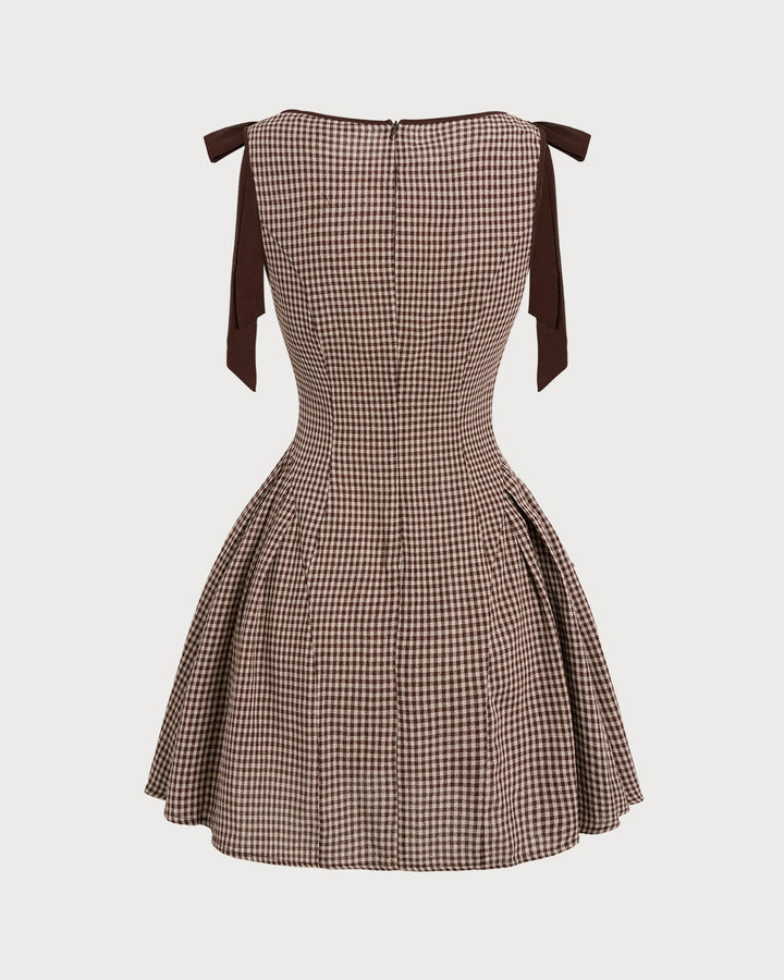 Yüksek Bel Kahverengi Gingham Mini Elbise
