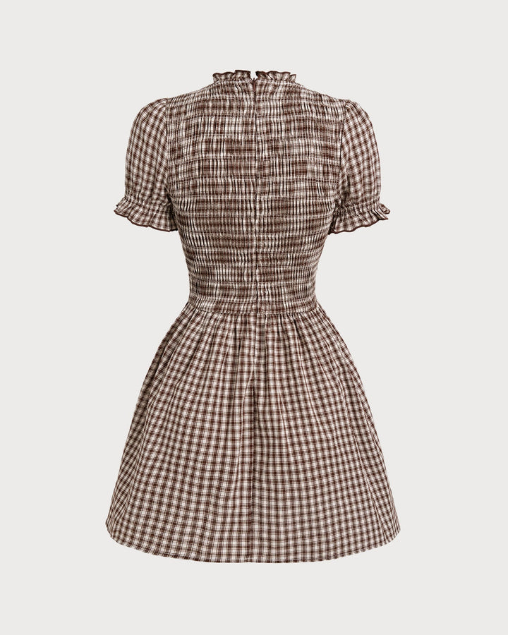Yüksek Bel Kahverengi Gingham Puff Sleeve Mini Elbise