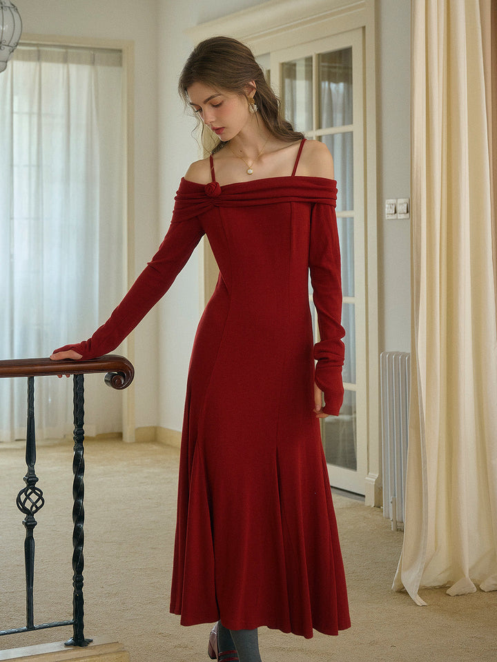 Lucille Şık Off-Shoulder Kırmızı Midi Elbise