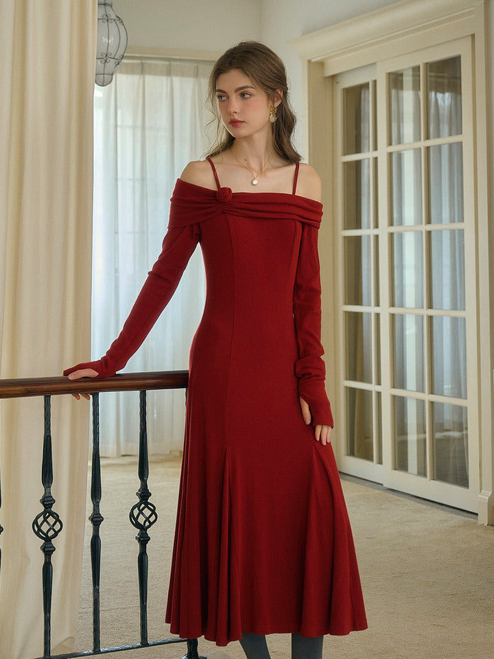Lucille Şık Off-Shoulder Kırmızı Midi Elbise