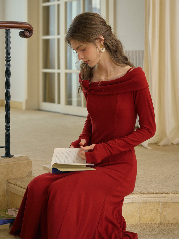 Lucille Şık Off-Shoulder Kırmızı Midi Elbise