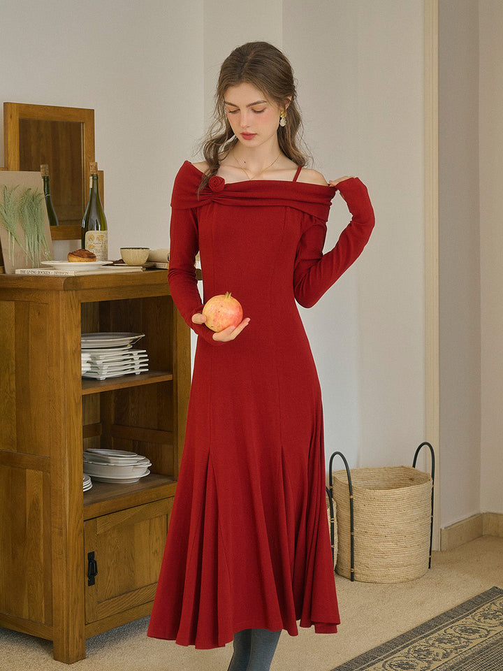 Lucille Şık Off-Shoulder Kırmızı Midi Elbise