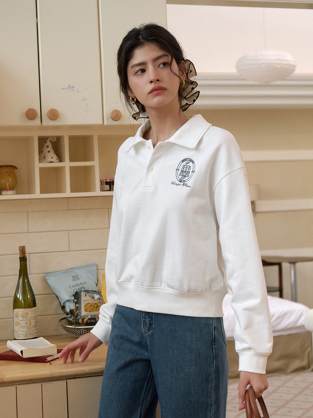 Daleyza Lüks Polo Yaka %100 Pamuk Sweatshirt