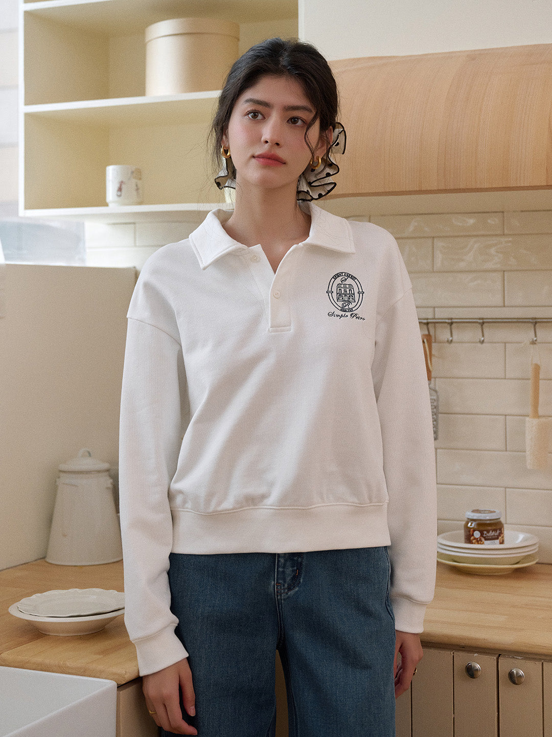 Daleyza Lüks Polo Yaka %100 Pamuk Sweatshirt