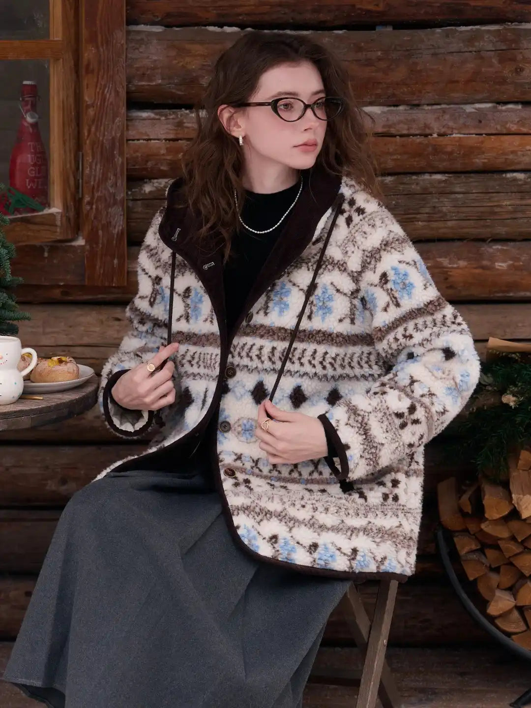 Nyomi Fair Isle Modern Kapüşonlu Kaban