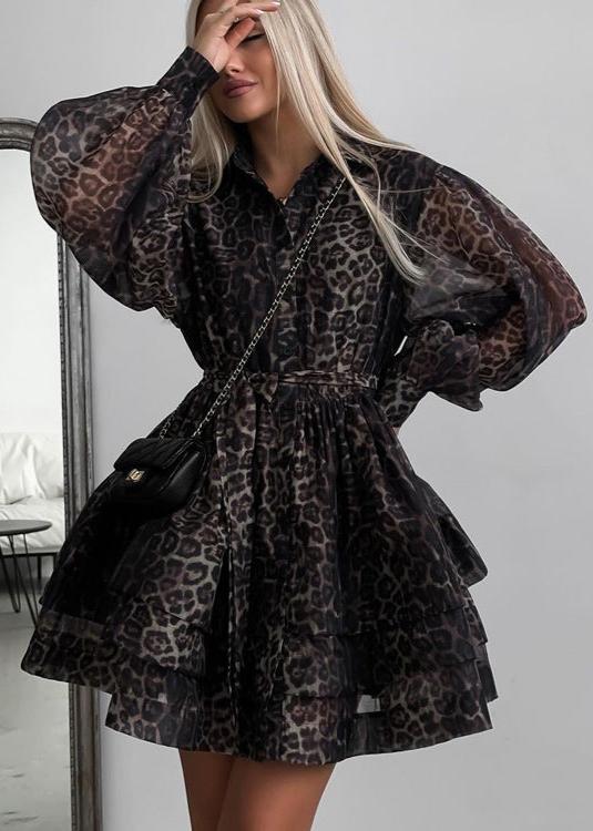 Leopar Desenli Şifon Mini Elbise