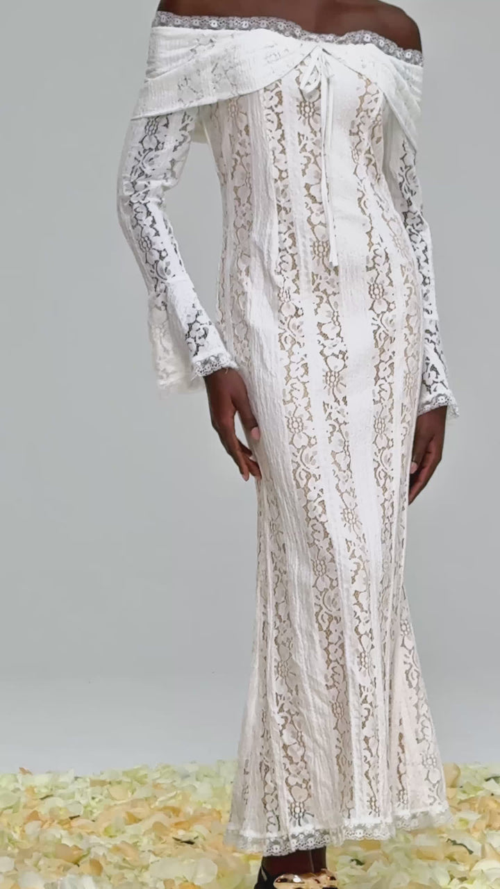 Dantel Off Shoulder Yırtmaçlı Maxi Elbise