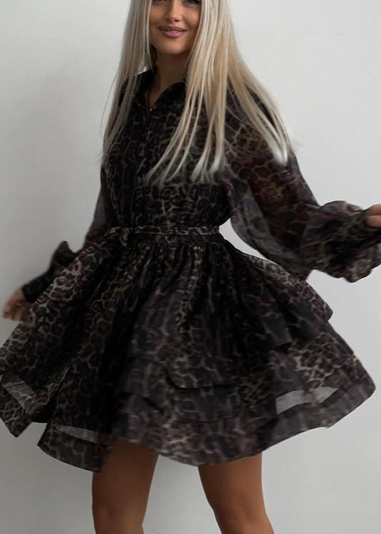 Leopar Desenli Şifon Mini Elbise