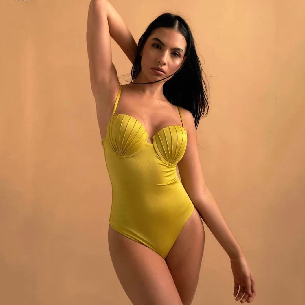 Altın Işıltı Yapılandırılmış Monokini ve Elbise Üstü Seti