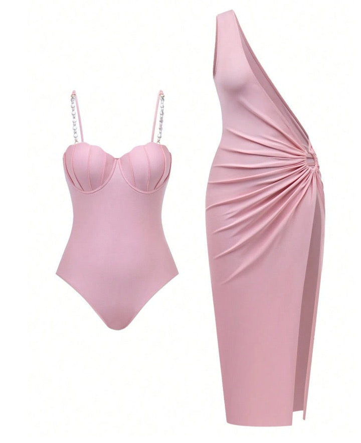 Yüksek Bel Monokini ve Elbise Kapama Seti