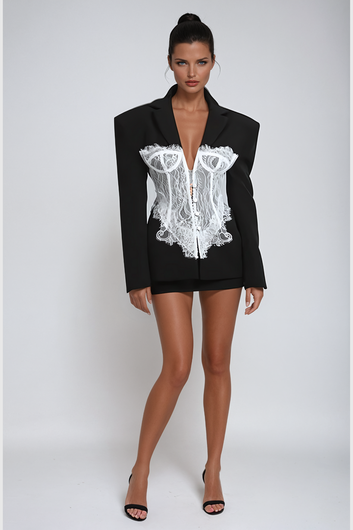 Modern Dantel Yaka Siyah Blazer Ceket