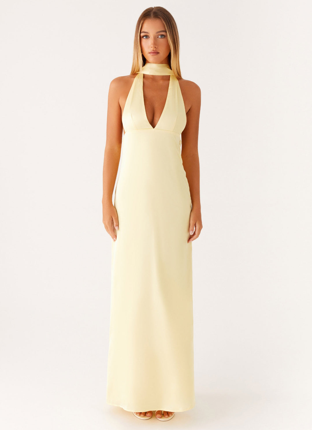Yüksek Bel Sarı Saten Halter Maxi Elbise