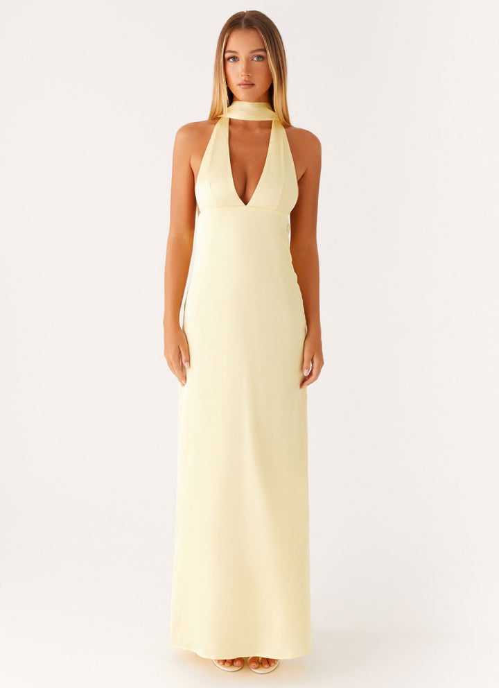 Yüksek Bel Sarı Saten Halter Maxi Elbise