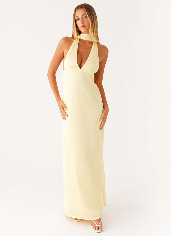 Yüksek Bel Sarı Saten Halter Maxi Elbise