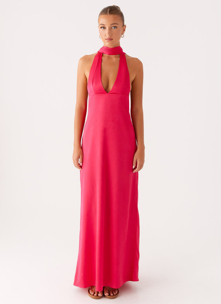 Fuşyada Alicia Saten Halter Maxi Elbise