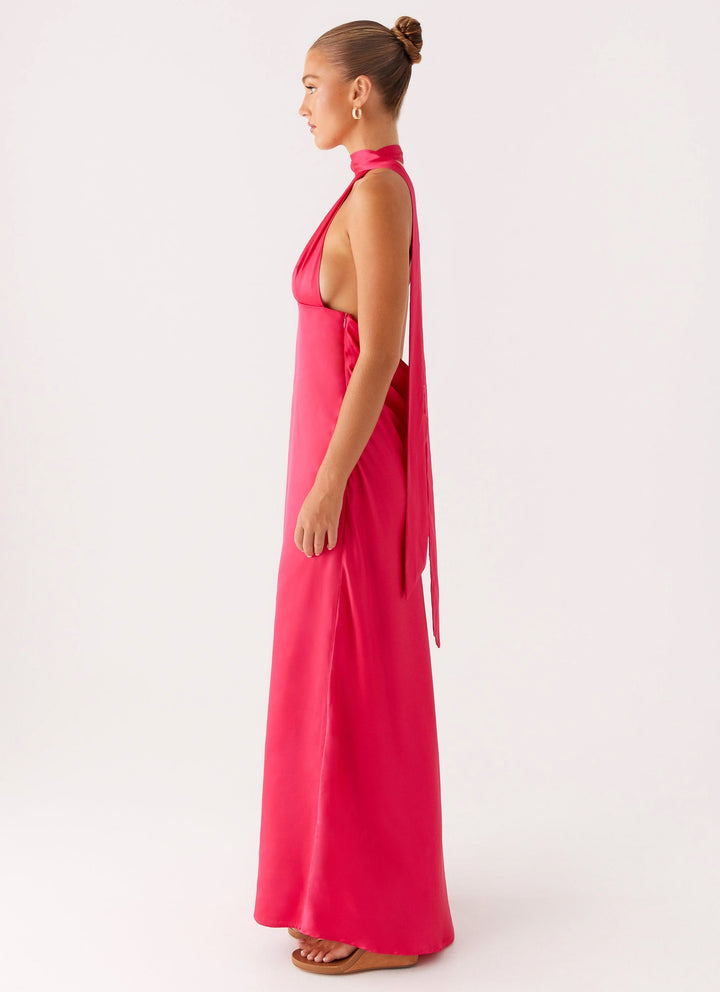 Fuşyada Alicia Saten Halter Maxi Elbise