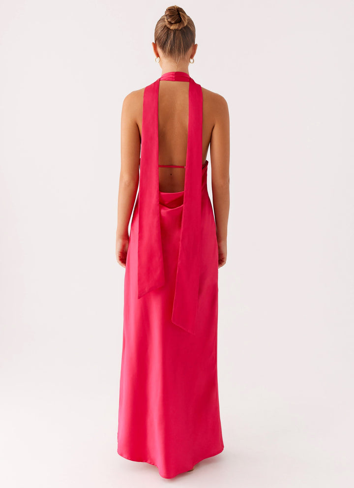 Fuşyada Alicia Saten Halter Maxi Elbise