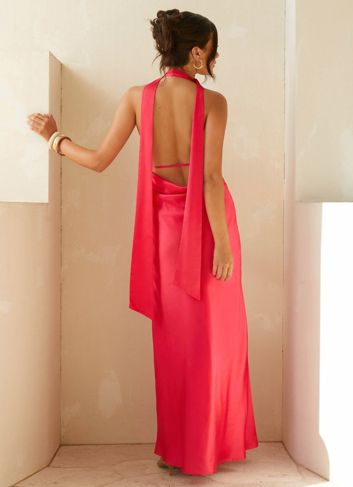Fuşyada Alicia Saten Halter Maxi Elbise