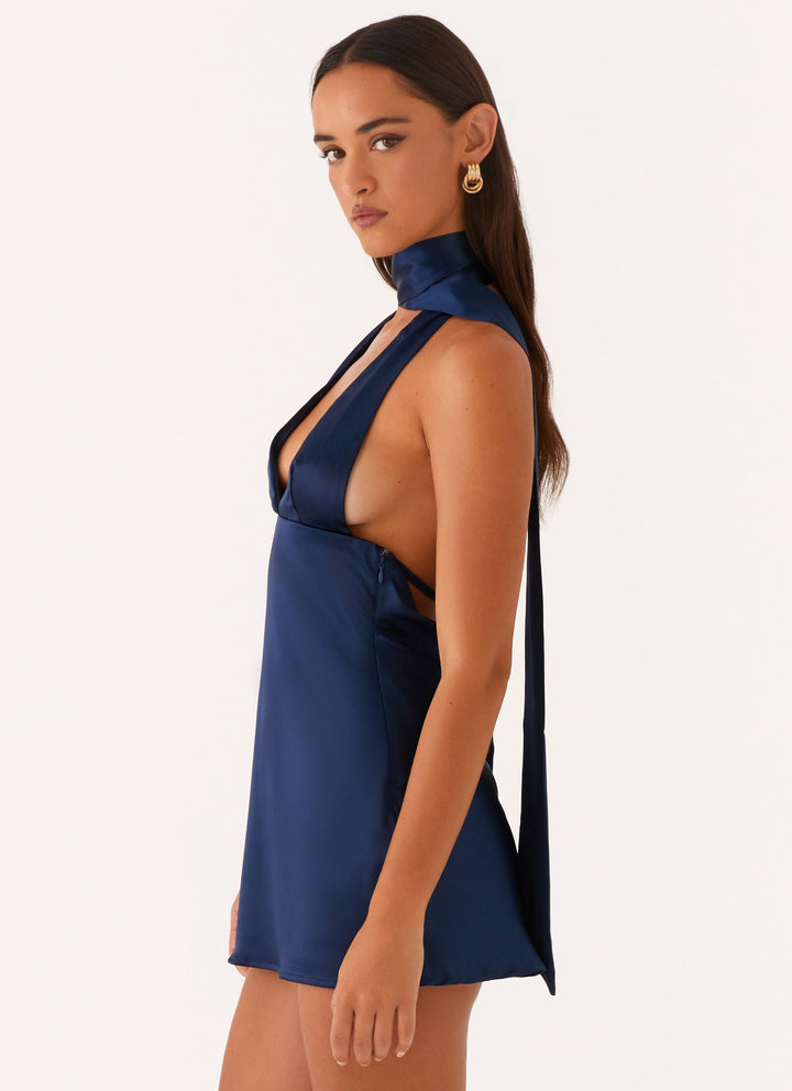 Lacivert Alicia Saten Halter Mini Elbise