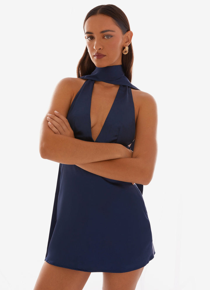 Lacivert Alicia Saten Halter Mini Elbise