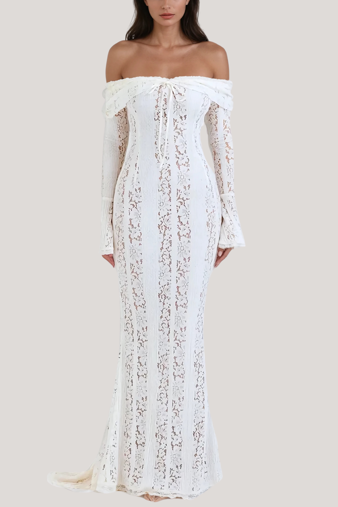 Dantel Off Shoulder Yırtmaçlı Maxi Elbise