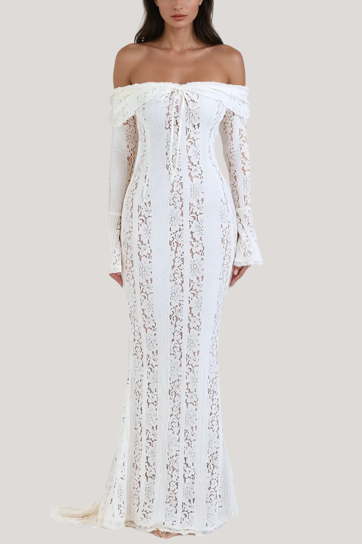 Dantel Off Shoulder Yırtmaçlı Maxi Elbise