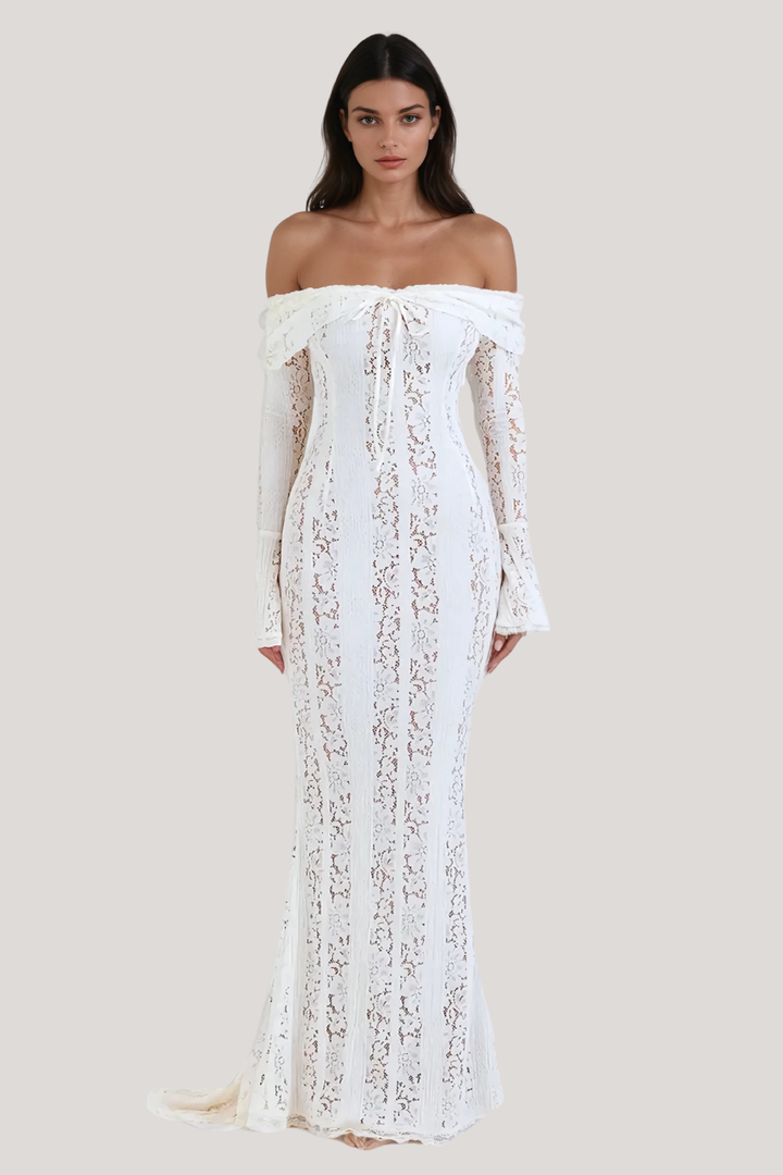Dantel Off Shoulder Yırtmaçlı Maxi Elbise