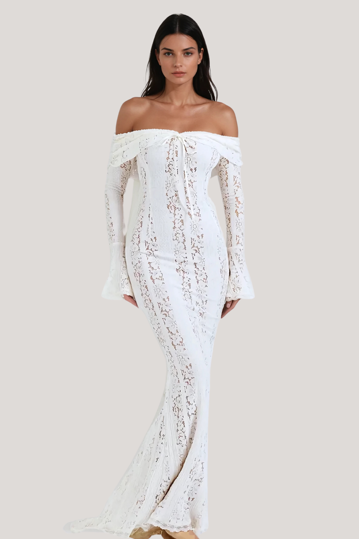 Dantel Off Shoulder Yırtmaçlı Maxi Elbise