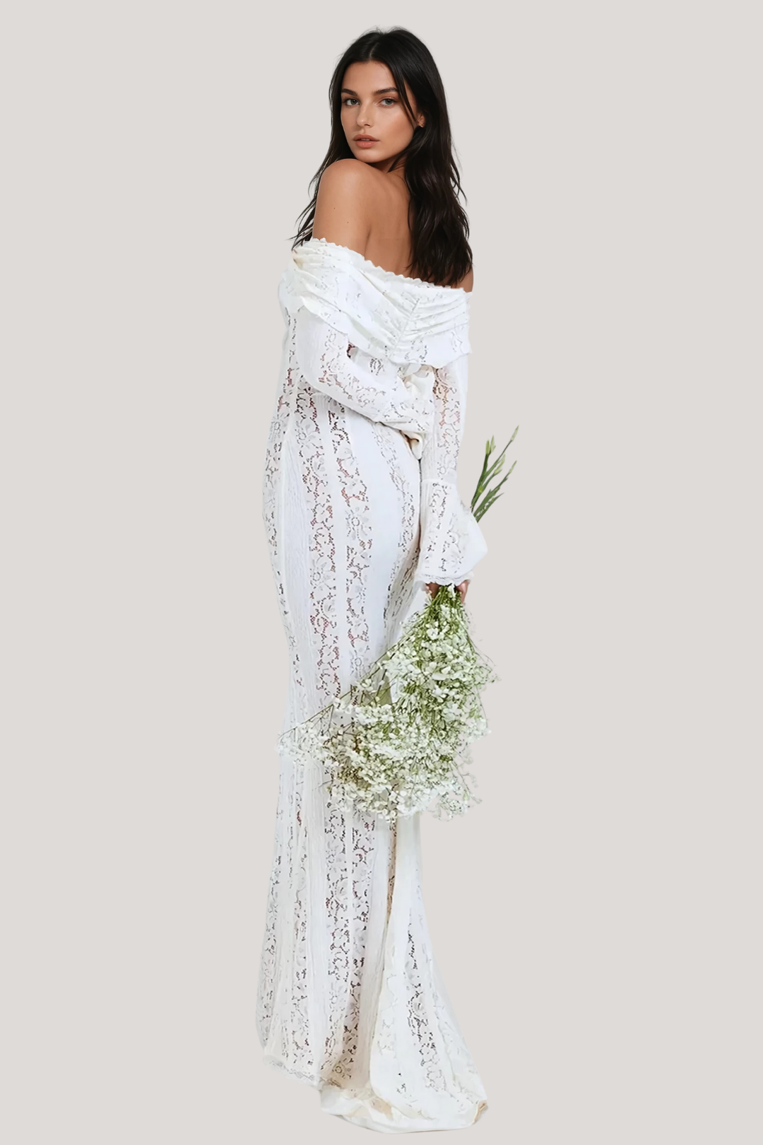 Dantel Off Shoulder Yırtmaçlı Maxi Elbise