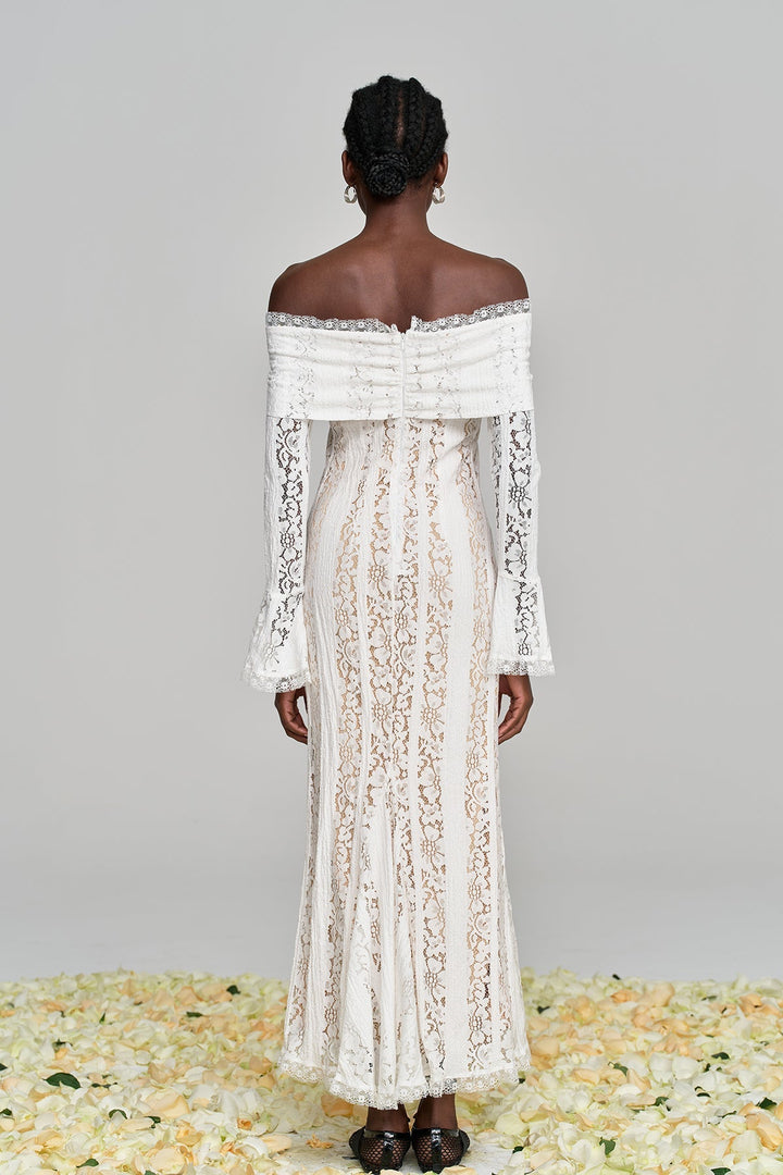 Dantel Off Shoulder Yırtmaçlı Maxi Elbise