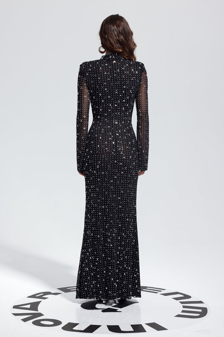 Strass Detaylı Uzun Kollu Maxi Elbise