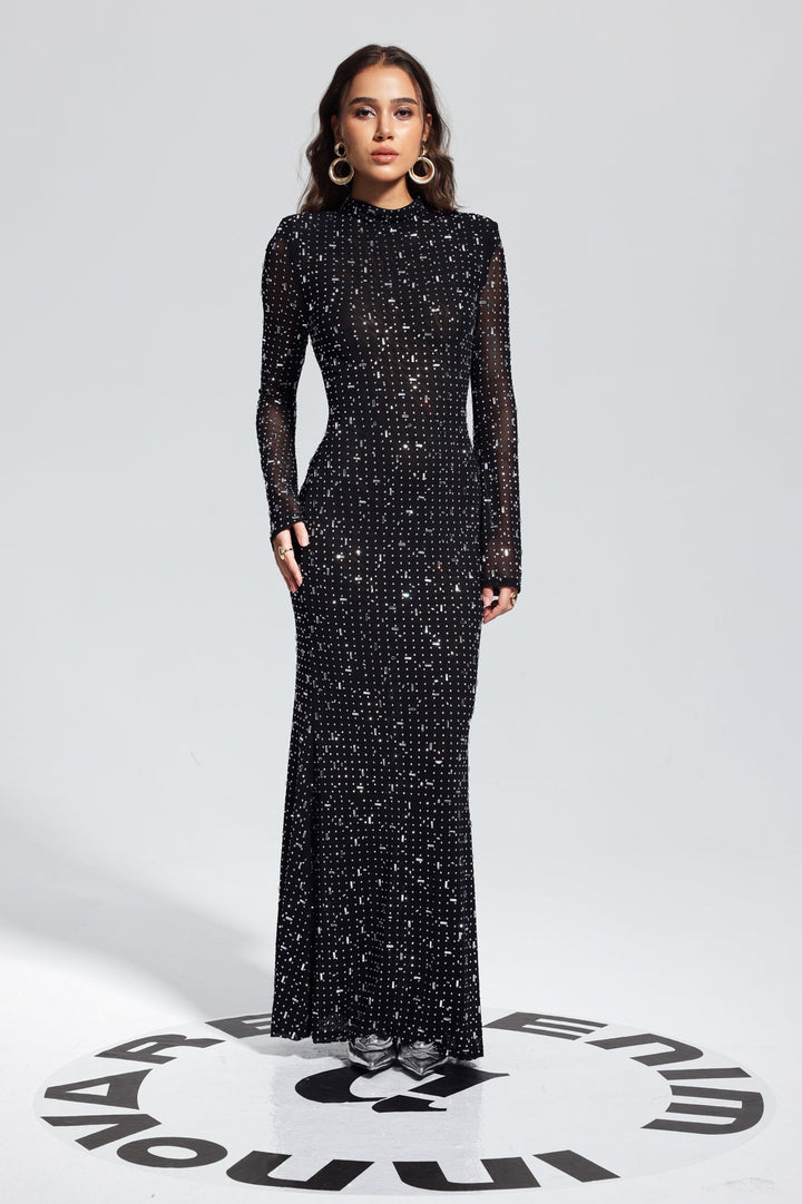 Strass Detaylı Uzun Kollu Maxi Elbise