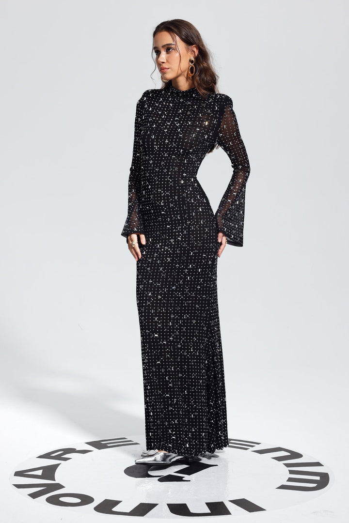 Strass Detaylı Uzun Kollu Maxi Elbise