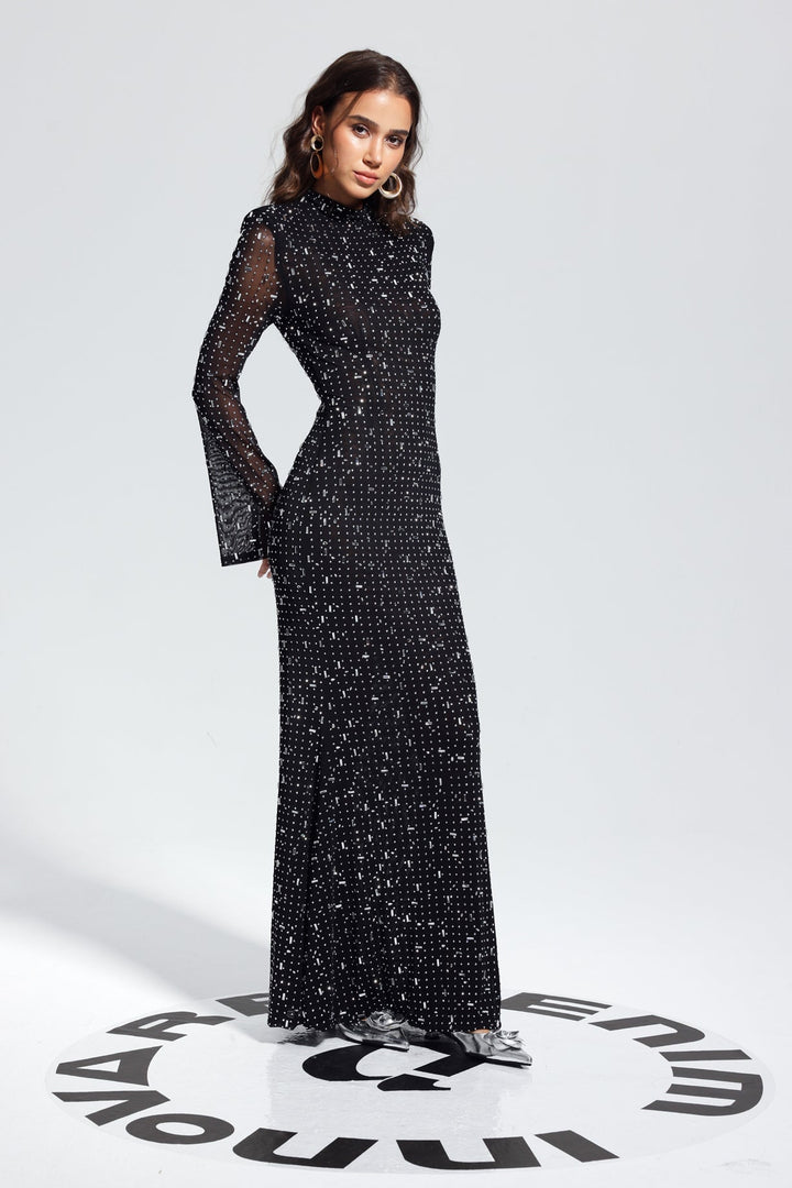 Strass Detaylı Uzun Kollu Maxi Elbise