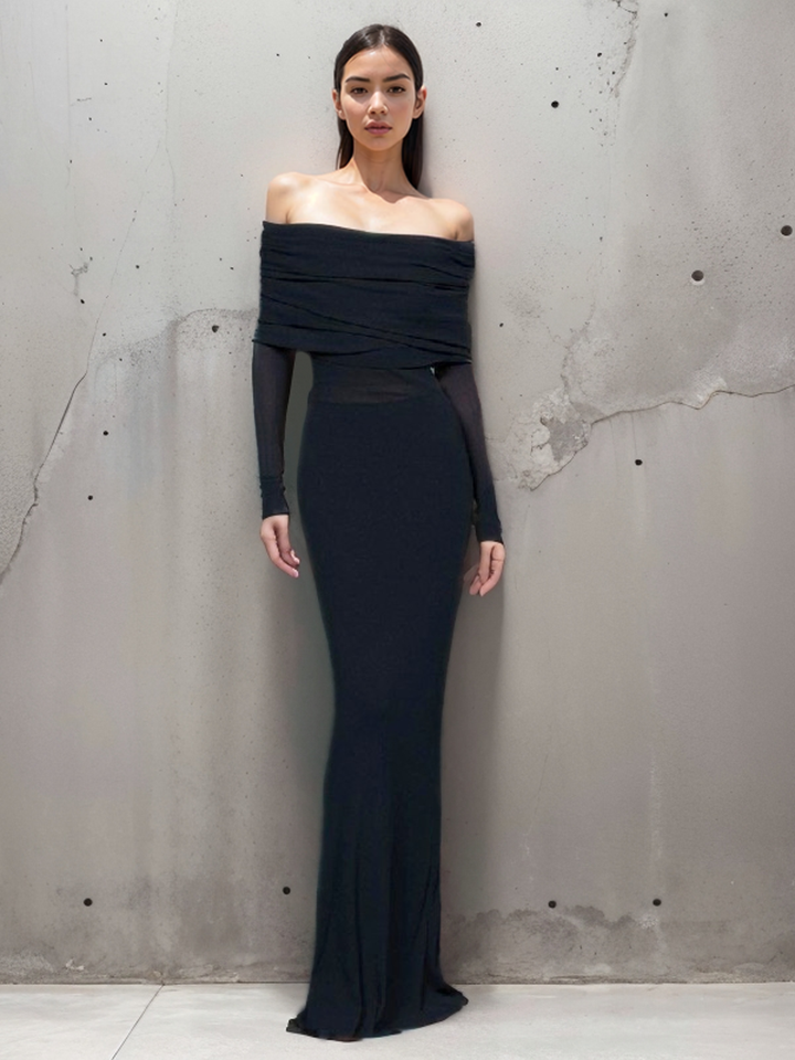 Yüksek Bel Off-Shoulder Dantel Uzun Elbise