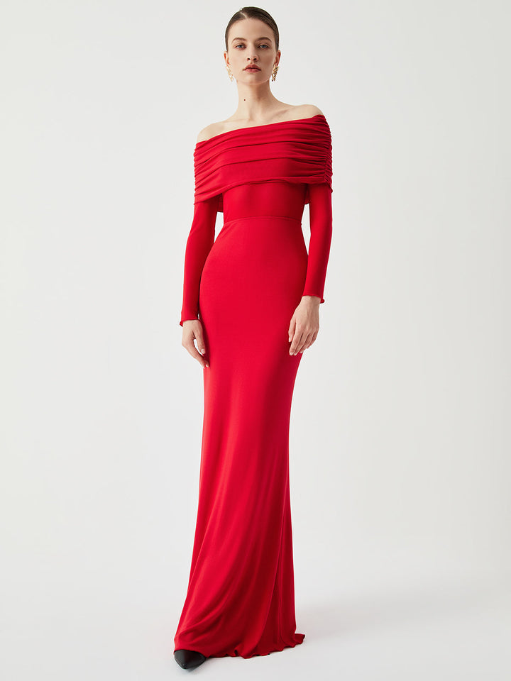 Yüksek Bel Off-Shoulder Dantel Uzun Elbise