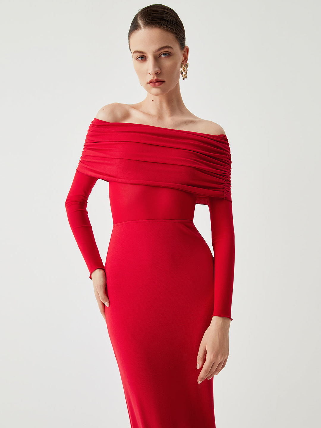 Yüksek Bel Off-Shoulder Dantel Uzun Elbise