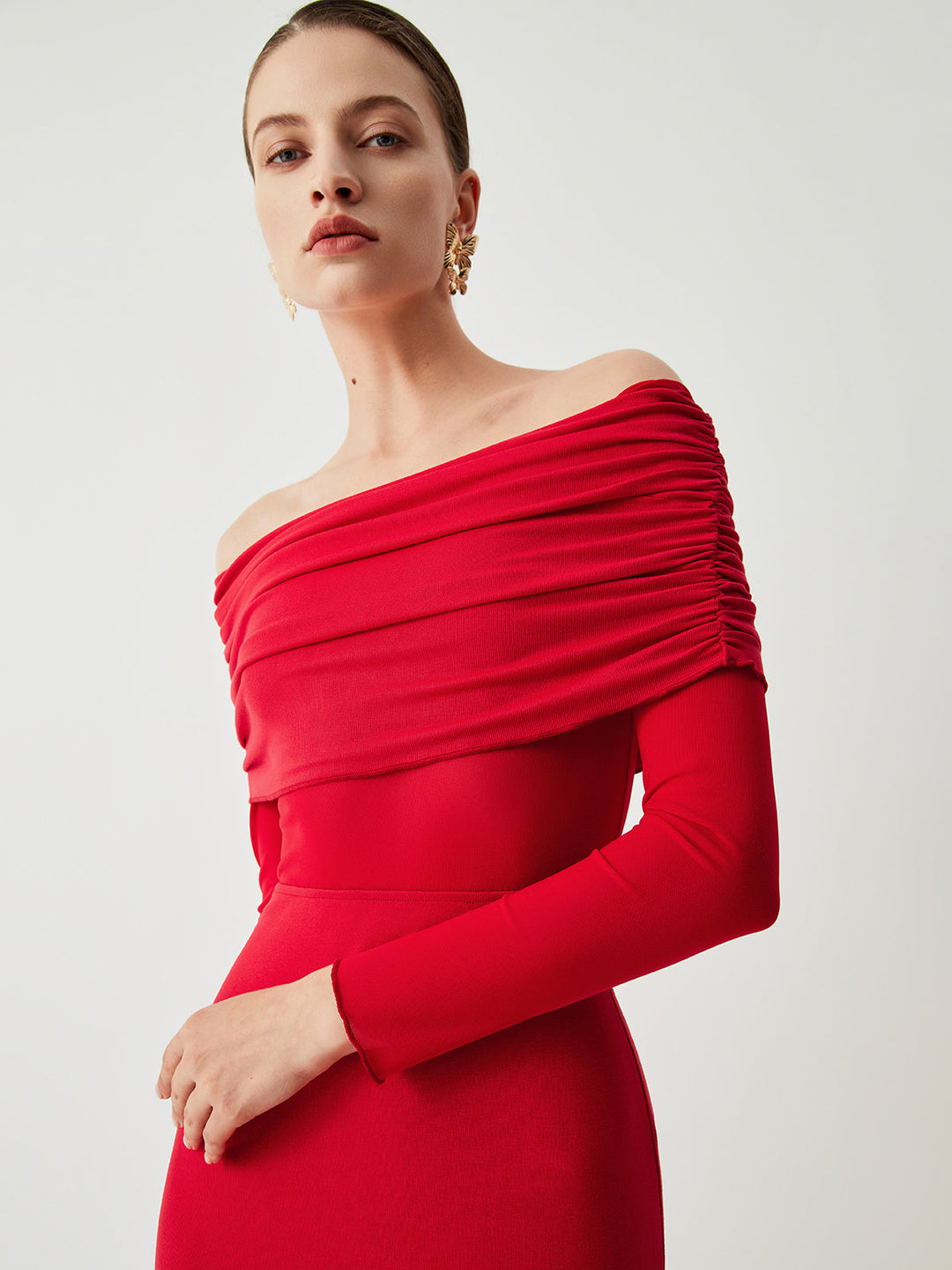 Yüksek Bel Off-Shoulder Dantel Uzun Elbise