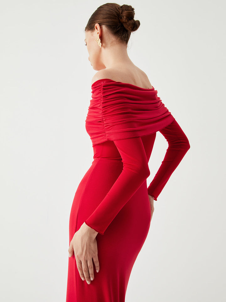 Yüksek Bel Off-Shoulder Dantel Uzun Elbise