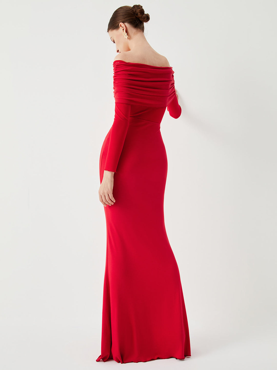 Yüksek Bel Off-Shoulder Dantel Uzun Elbise