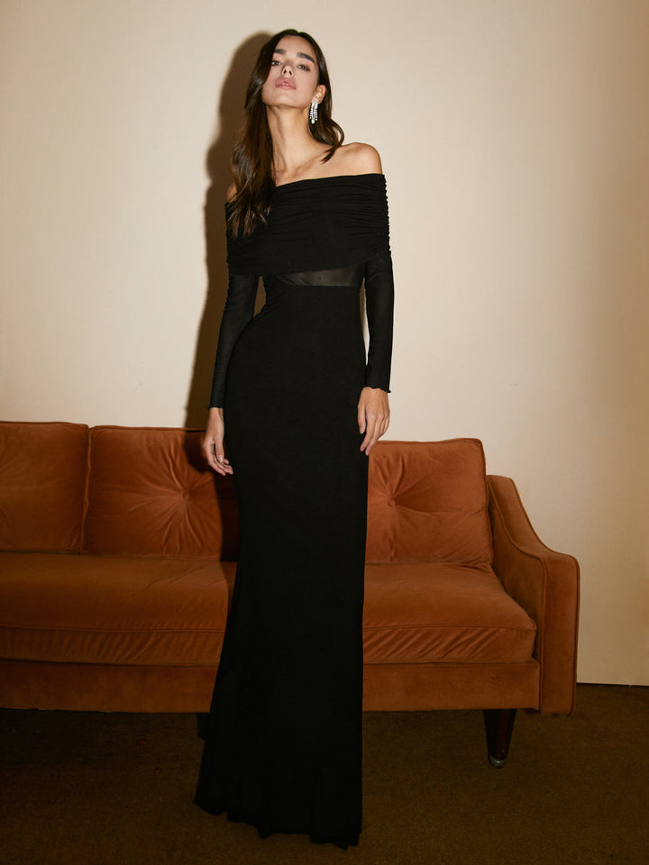Yüksek Bel Off-Shoulder Dantel Uzun Elbise